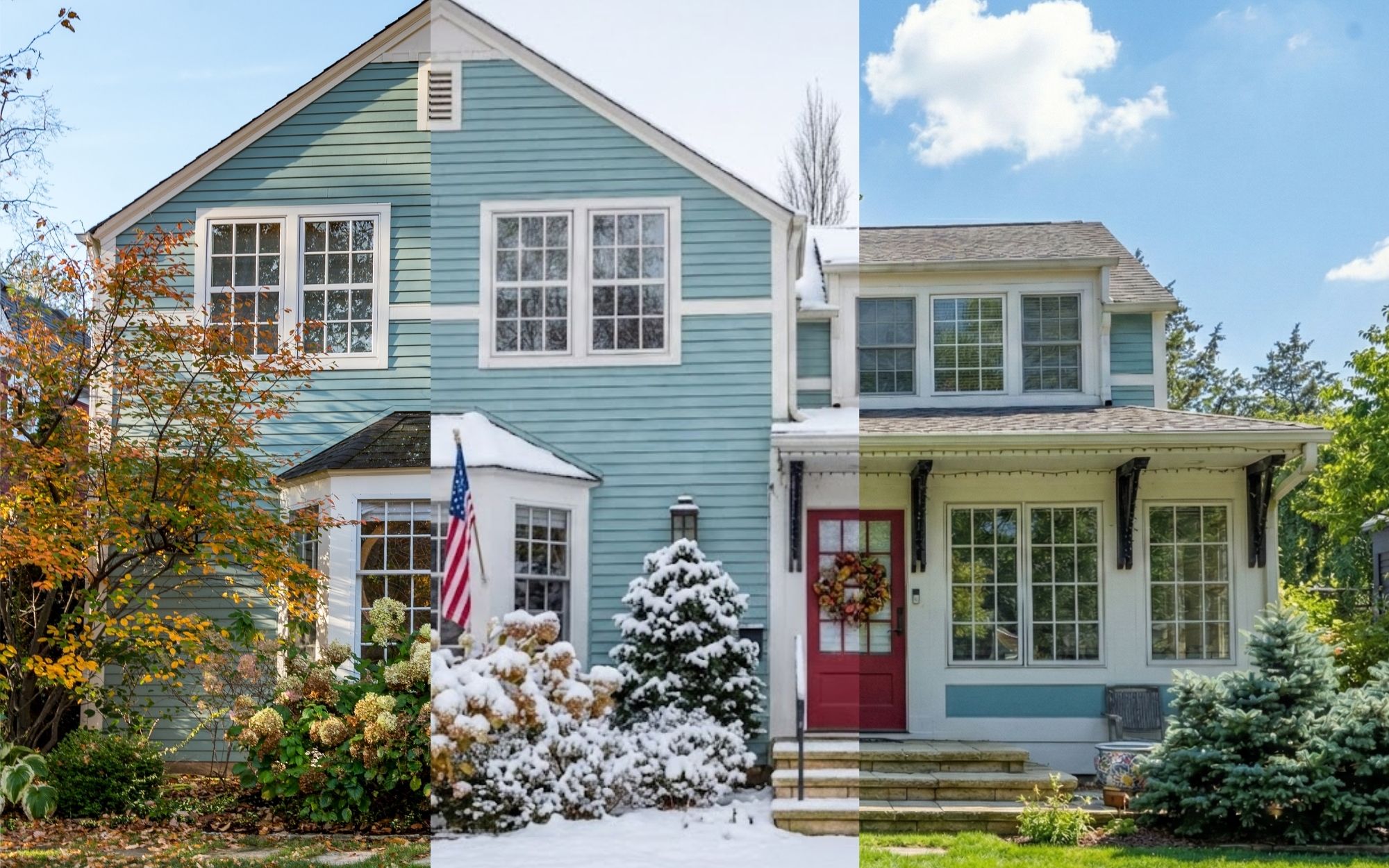 The same blue house in different seasons in Minnesota showcasing exterior painting in Bloomington, MN