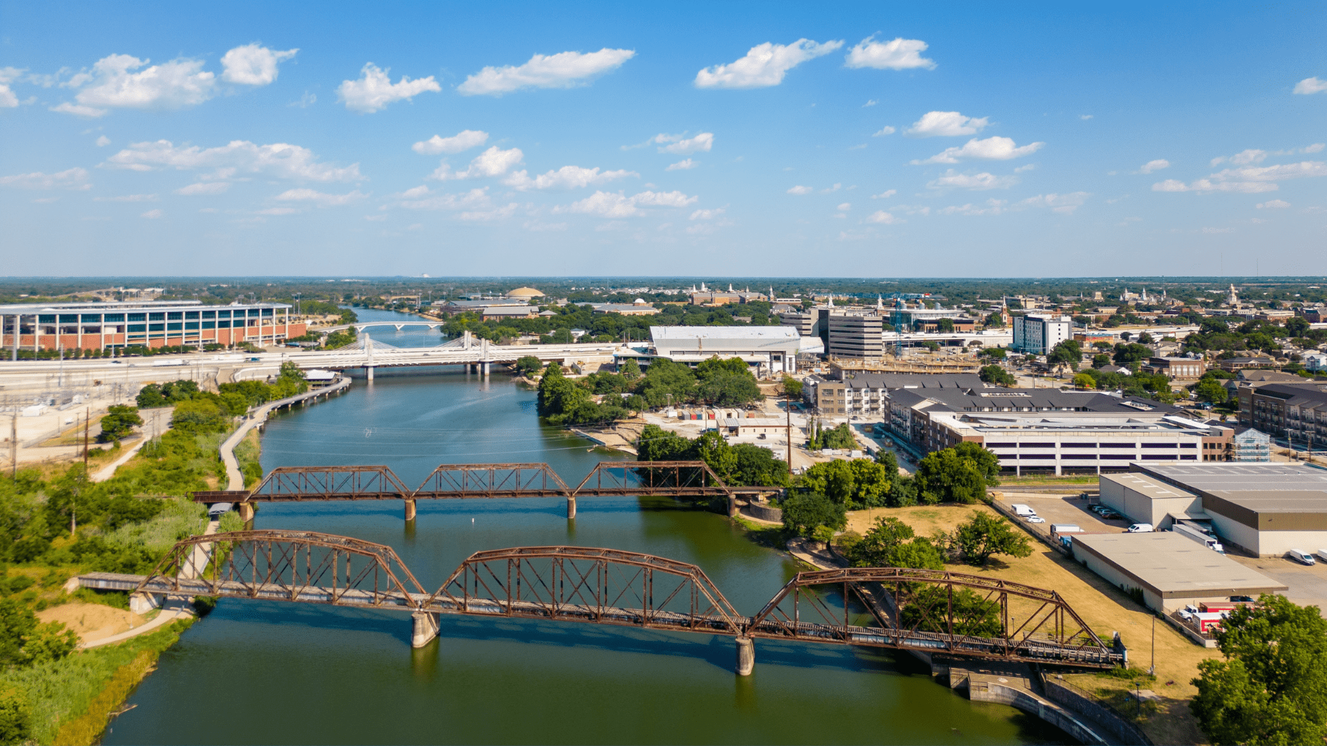 Aerial shot of the Brazos river and downtown Waco, TX