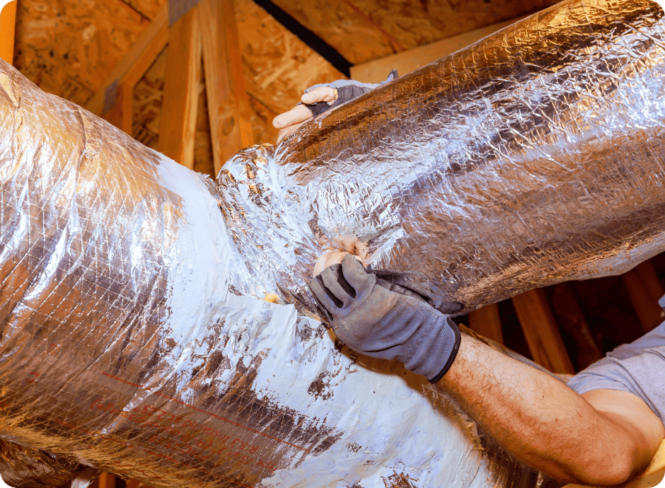 professional up in the attic doing a repair for hvac for that 1 painter