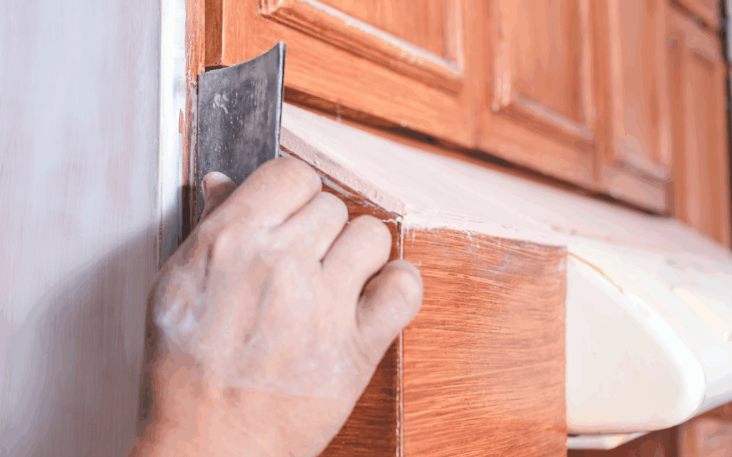 Do I Have to Sand My Cabinets Before Painting? How-To Paint a Beautiful Kitchen 1 A hand holding sandpaper while doing cabinet sanding prep work on natural wood cabinets