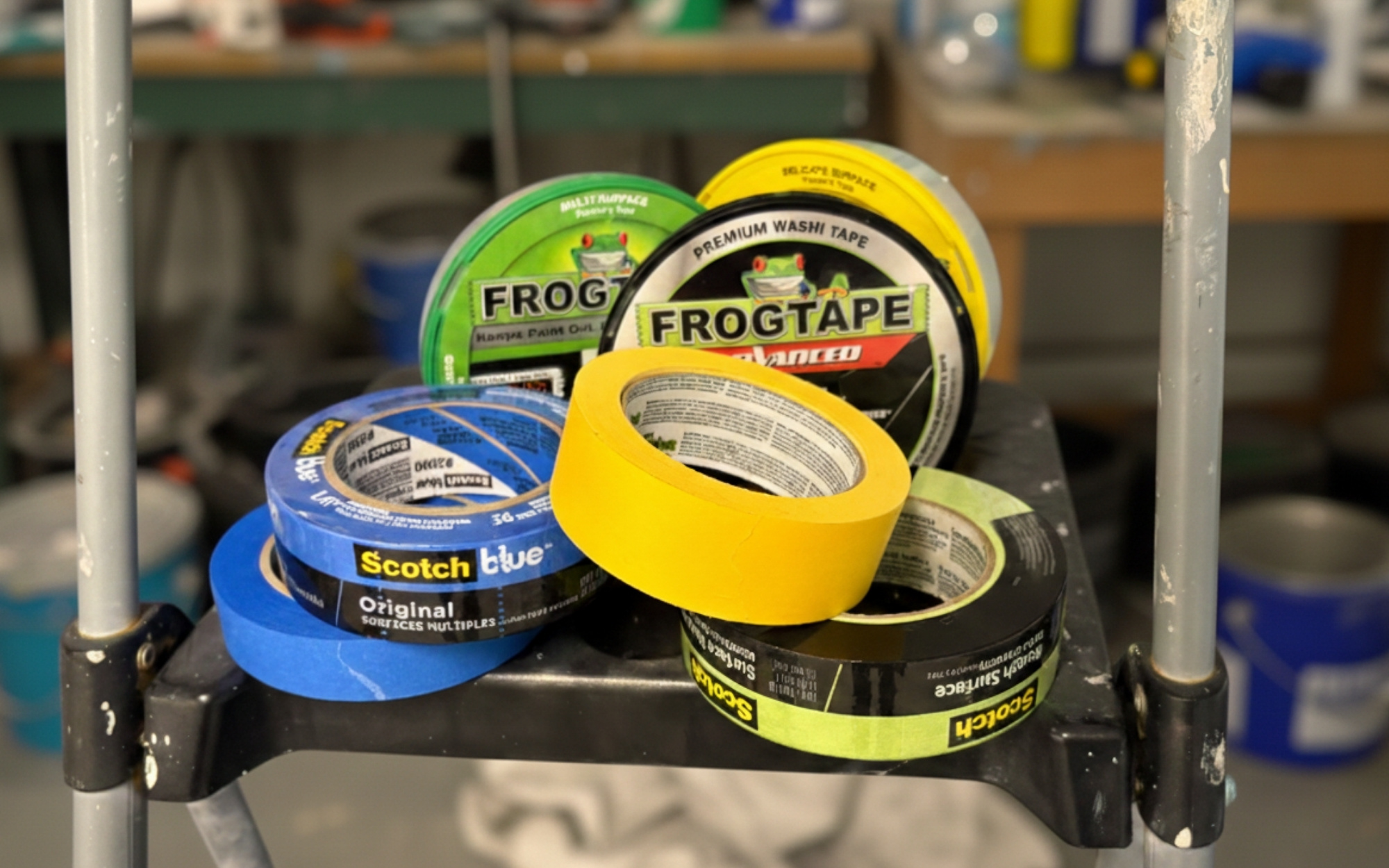 Several rolls of different types of painter's tape sitting on a ladder with a blurred background.