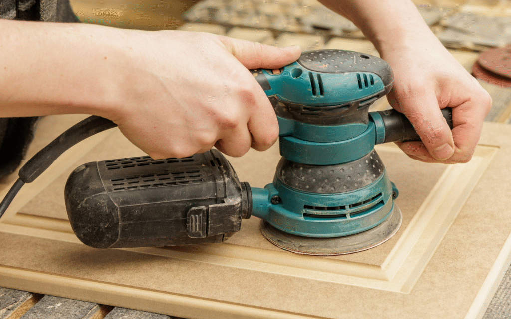 What Grit Sandpaper Do I Use? Pros Use These 4 2 Two hands holding an electric sander with an unknown sandpaper grit