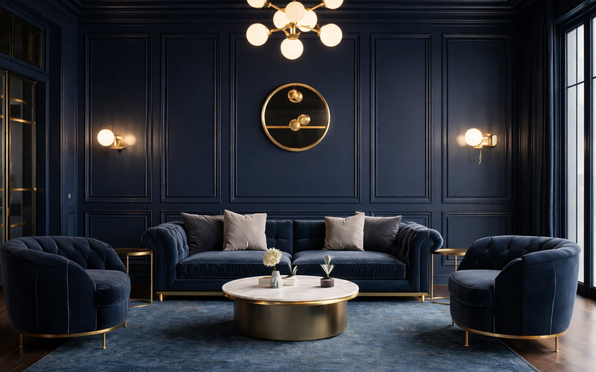 Elegant sitting room with a blue sofa and two blue arm chairs as well as blue walls, trim, and ceiling for a color drenching effect