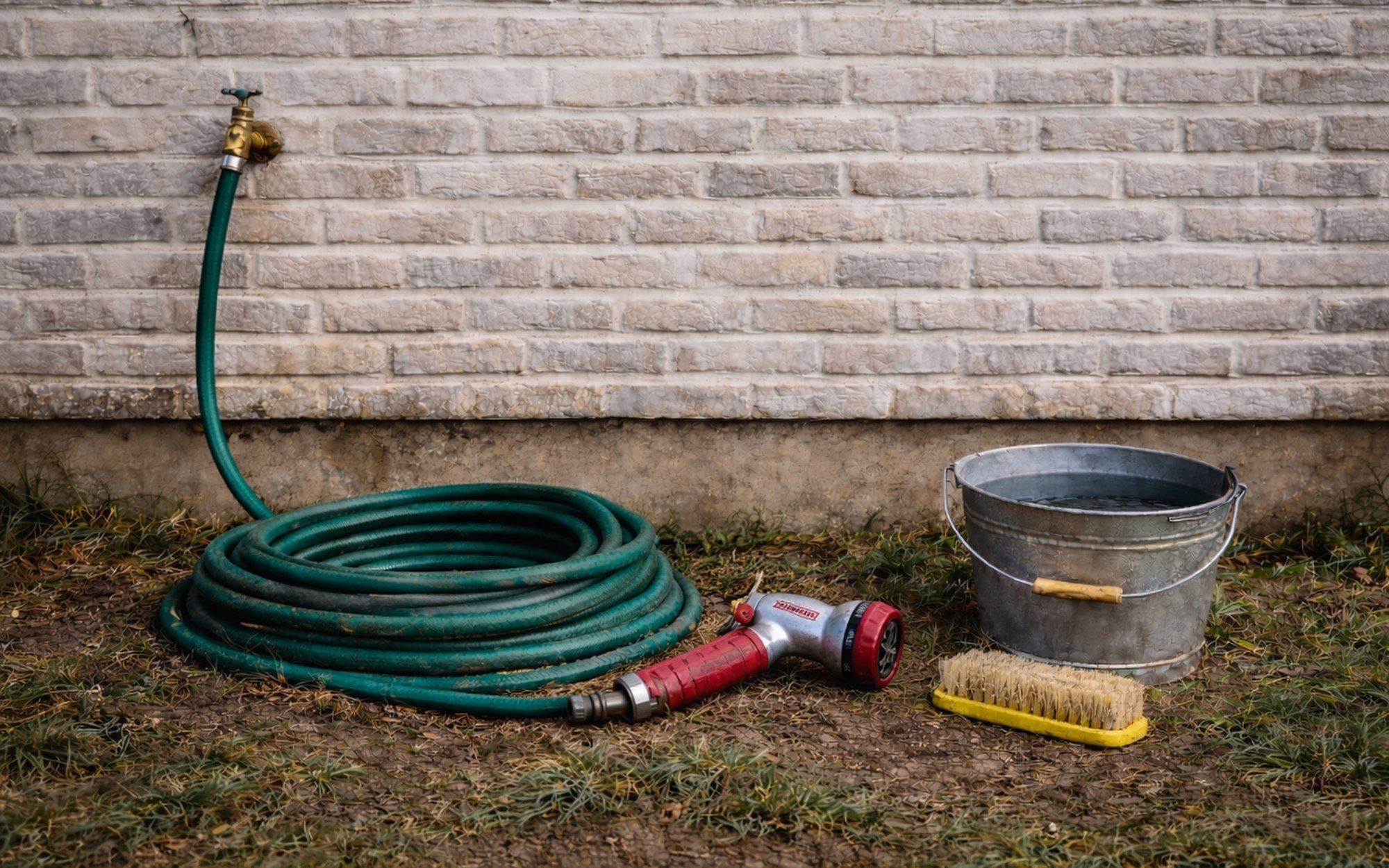 Exterior of a lime washed house with a green garden house curled up, a brush, and a bucket of water used to clean limewashed brick